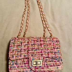 Pink Tweed Chain Strap Handbag Gold Tone Turn Lock Shoulder Bag Evening Purse